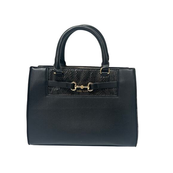 Anne Klein Black Satchel Tote Purse Faux Leather Handbag with Gold Hardware - Picture 1 of 9